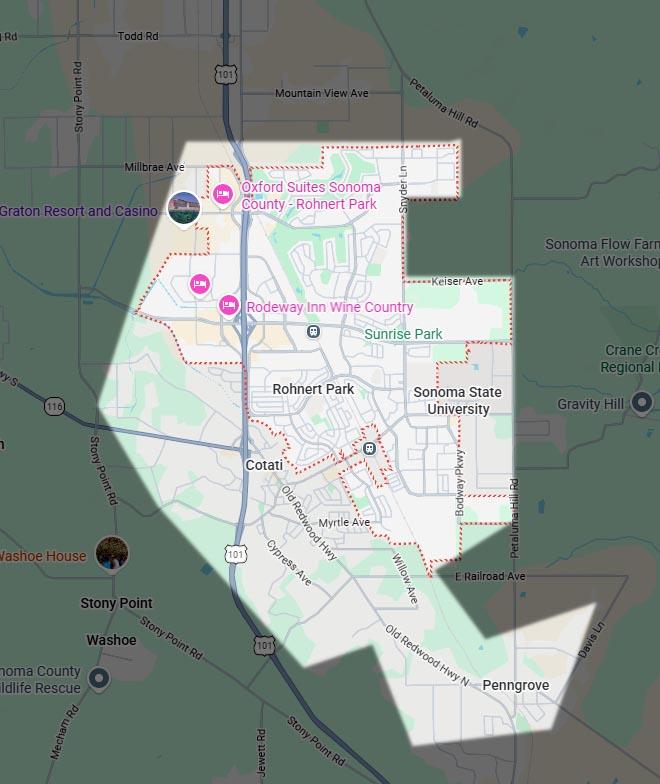 Service area map for dog poop cleanup in Rohnert Park