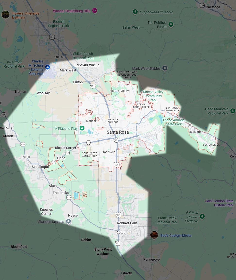 Service area map for dog poop cleanup in Santa Rosa