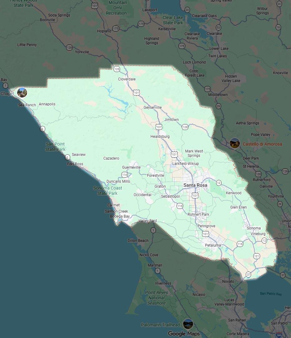Service area map for dog poop cleanup in Sonoma County